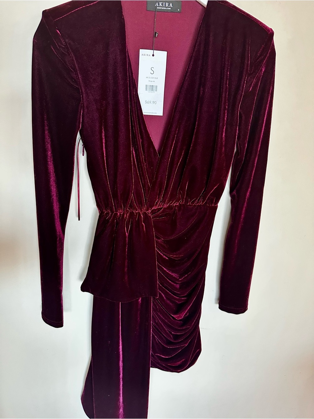 AKIRA Long Sleeve Velvet Wrap Dress in Burgundy Plum